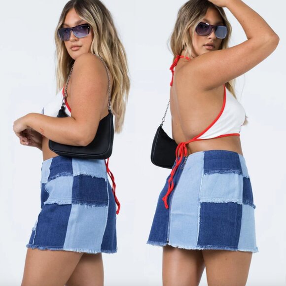 Princess Polly Sirena Patchwork Denim Mini Skirt, Blue S US 6 - Picture 1 of 7